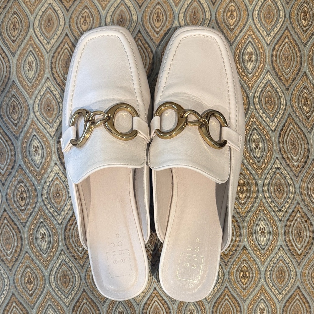 ShuShop White Leather Slip-On Mules with Gold Ring Hardware